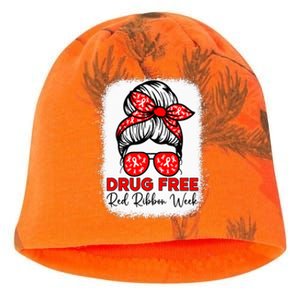 Drug Free  Red Ribbon Week Awareness Messy Bun Bleached Kati - Camo Knit Beanie