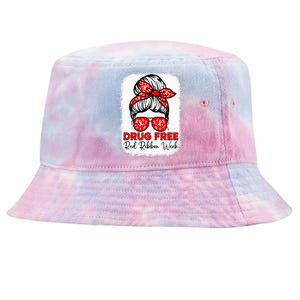 Drug Free  Red Ribbon Week Awareness Messy Bun Bleached Tie-Dyed Bucket Hat