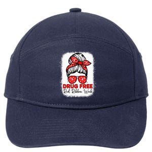 Drug Free  Red Ribbon Week Awareness Messy Bun Bleached 7-Panel Snapback Hat