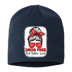 Drug Free  Red Ribbon Week Awareness Messy Bun Bleached Sustainable Beanie