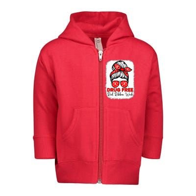 Drug Free  Red Ribbon Week Awareness Messy Bun Bleached Toddler Zip Fleece Hoodie