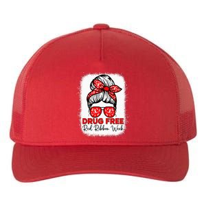 Drug Free  Red Ribbon Week Awareness Messy Bun Bleached Yupoong Adult 5-Panel Trucker Hat