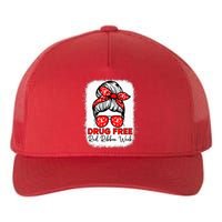 Drug Free  Red Ribbon Week Awareness Messy Bun Bleached Yupoong Adult 5-Panel Trucker Hat