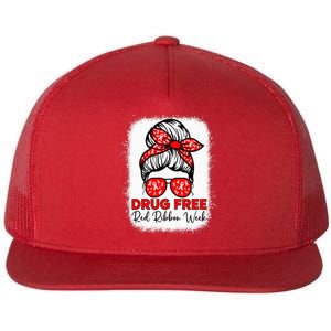 Drug Free  Red Ribbon Week Awareness Messy Bun Bleached Flat Bill Trucker Hat