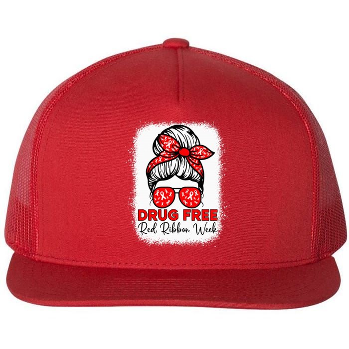 Drug Free  Red Ribbon Week Awareness Messy Bun Bleached Flat Bill Trucker Hat