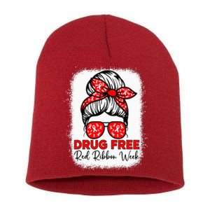 Drug Free  Red Ribbon Week Awareness Messy Bun Bleached Short Acrylic Beanie