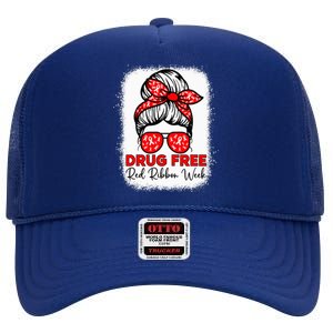 Drug Free  Red Ribbon Week Awareness Messy Bun Bleached High Crown Mesh Back Trucker Hat