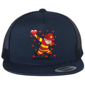 Dabbing Firefighter Red Heart Love Valentines Day Lover Gift Cool Gift Flat Bill Trucker Hat