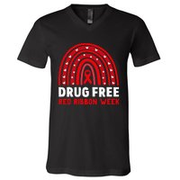 Drug Free Red Ribbon Week Awareness No To Drugs Red Rainbow V-Neck T-Shirt