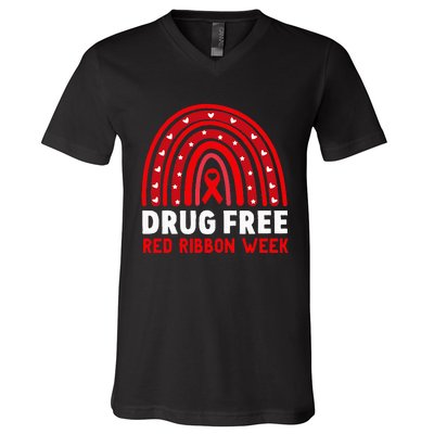 Drug Free Red Ribbon Week Awareness No To Drugs Red Rainbow V-Neck T-Shirt