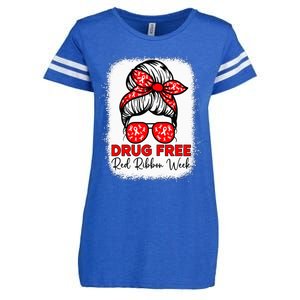 Drug Free Red Ribbon Week Awareness Messy Bun Bleached Enza Ladies Jersey Football T-Shirt