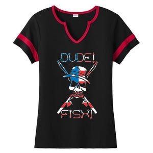 Dude Fish Skull And Fishing Rod American Flag Design Great Gift Ladies Halftime Notch Neck Tee