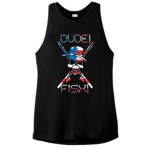 Dude Fish Skull And Fishing Rod American Flag Design Great Gift Ladies PosiCharge Tri-Blend Wicking Tank