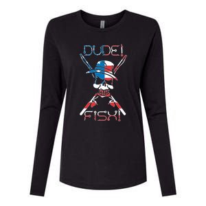 Dude Fish Skull And Fishing Rod American Flag Design Great Gift Womens Cotton Relaxed Long Sleeve T-Shirt