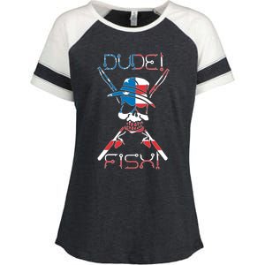 Dude Fish Skull And Fishing Rod American Flag Design Great Gift Enza Ladies Jersey Colorblock Tee