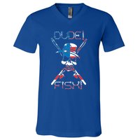 Dude Fish Skull And Fishing Rod American Flag Design Great Gift V-Neck T-Shirt