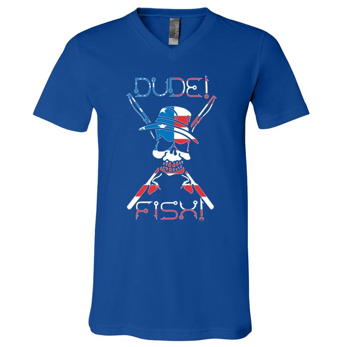 Dude Fish Skull And Fishing Rod American Flag Design Great Gift V-Neck T-Shirt