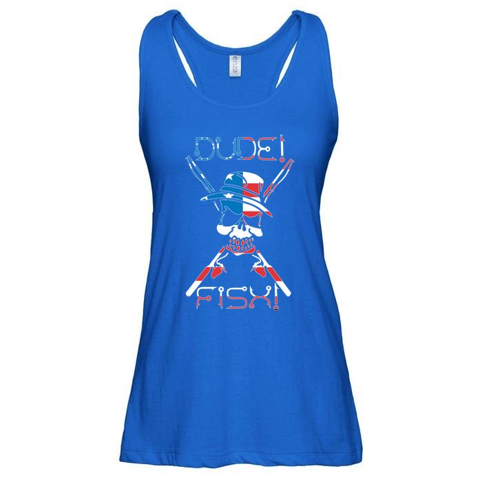 Dude Fish Skull And Fishing Rod American Flag Design Great Gift Ladies Essential Flowy Tank