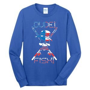 Dude Fish Skull And Fishing Rod American Flag Design Great Gift Tall Long Sleeve T-Shirt