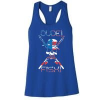 Dude Fish Skull And Fishing Rod American Flag Design Great Gift Women's Racerback Tank