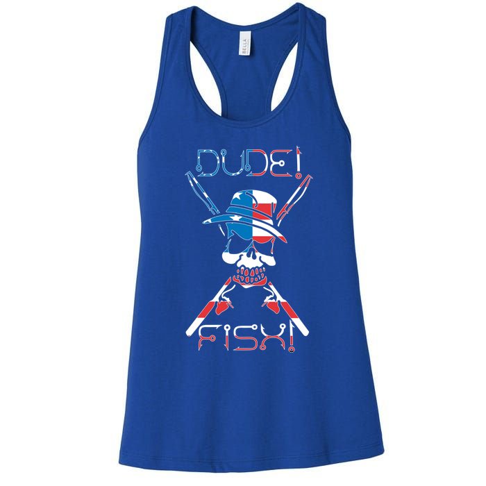 Dude Fish Skull And Fishing Rod American Flag Design Great Gift Women's Racerback Tank