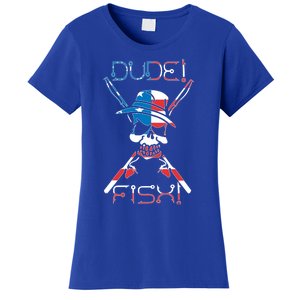 Dude Fish Skull And Fishing Rod American Flag Design Great Gift Women's T-Shirt