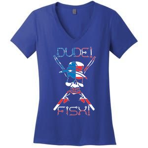 Dude Fish Skull And Fishing Rod American Flag Design Great Gift Women's V-Neck T-Shirt