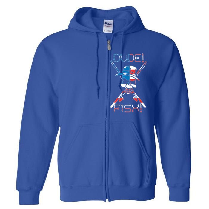 Dude Fish Skull And Fishing Rod American Flag Design Great Gift Full Zip Hoodie