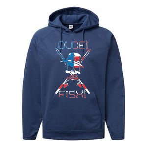 Dude Fish Skull And Fishing Rod American Flag Design Great Gift Performance Fleece Hoodie