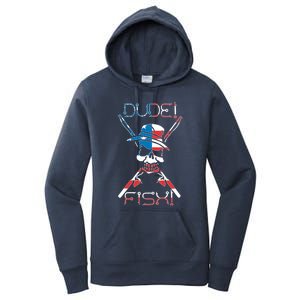 Dude Fish Skull And Fishing Rod American Flag Design Great Gift Women's Pullover Hoodie