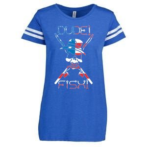 Dude Fish Skull And Fishing Rod American Flag Design Great Gift Enza Ladies Jersey Football T-Shirt