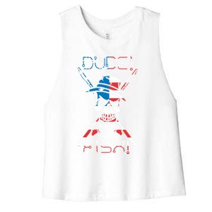 Dude Fish Skull And Fishing Rod American Flag Design Great Gift Women's Racerback Cropped Tank