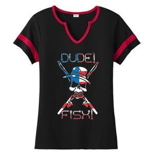 Dude Fish Skull And Fishing Rod American Flag Design Gift Ladies Halftime Notch Neck Tee