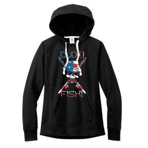 Dude Fish Skull And Fishing Rod American Flag Design Gift Women's Fleece Hoodie