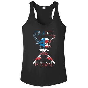 Dude Fish Skull And Fishing Rod American Flag Design Gift Ladies PosiCharge Competitor Racerback Tank