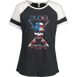 Dude Fish Skull And Fishing Rod American Flag Design Gift Enza Ladies Jersey Colorblock Tee