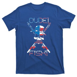 Dude Fish Skull And Fishing Rod American Flag Design Gift T-Shirt