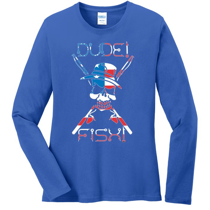 Dude Fish Skull And Fishing Rod American Flag Design Gift Ladies Long Sleeve Shirt