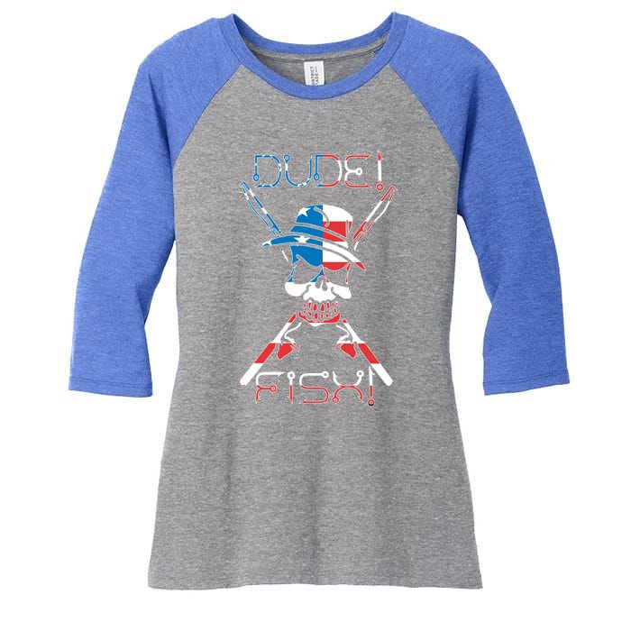 Dude Fish Skull And Fishing Rod American Flag Design Gift Women's Tri-Blend 3/4-Sleeve Raglan Shirt