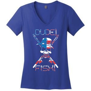 Dude Fish Skull And Fishing Rod American Flag Design Gift Women's V-Neck T-Shirt