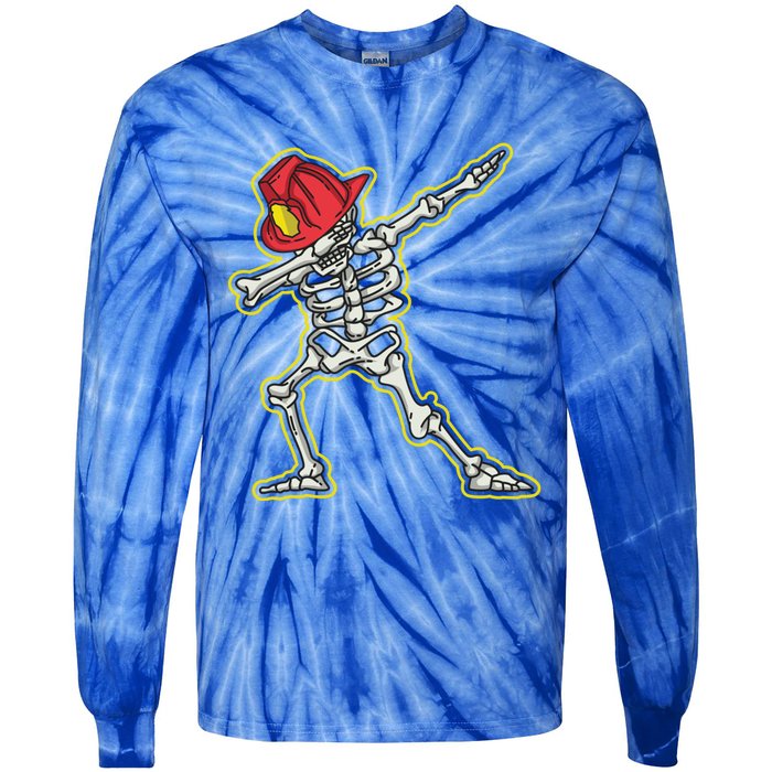 Dabbing Firefighter Skeleton Cool Scary Halloween Costume Great Gift Tie-Dye Long Sleeve Shirt