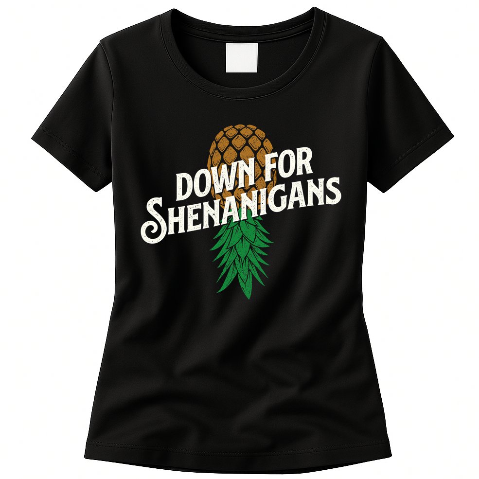 Down For Shenanigans Swinger Couple Upside Down Pineapple Womens T-Shirt