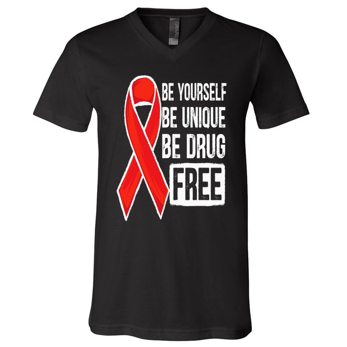 Drug Free Say No To Drugs Wear Red Awareness Red Ribbon Week V-Neck T-Shirt