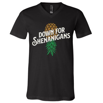 Down For Shenanigans Swinger Couple Upside Down Pineapple V-Neck T-Shirt
