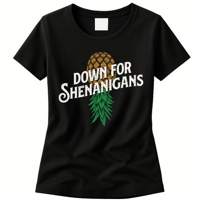 Down For Shenanigans Swinger Couple Upside Down Pineapple Womens T-Shirt