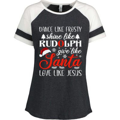 Dance Frosty Shine Rudolph Give Santa Love Jesus Christian  Enza Ladies Jersey Colorblock Tee