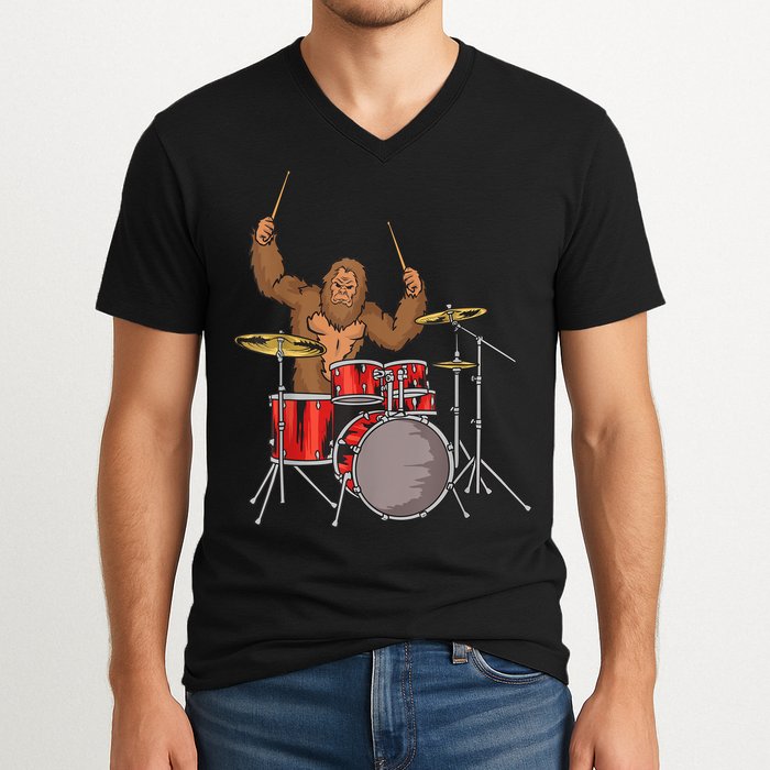 Drummer Funny Sasquatch Bigfoot Drumming V-Neck T-Shirt