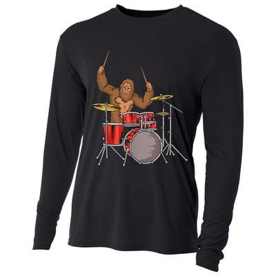 Drummer Funny Sasquatch Bigfoot Drumming Cooling Performance Long Sleeve Crew