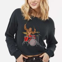 Drummer Funny Sasquatch Bigfoot Drumming Cropped Pullover Crew
