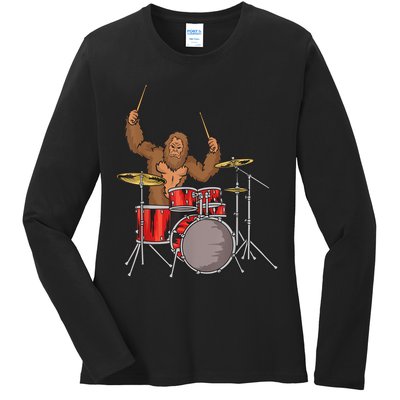 Drummer Funny Sasquatch Bigfoot Drumming Ladies Long Sleeve Shirt